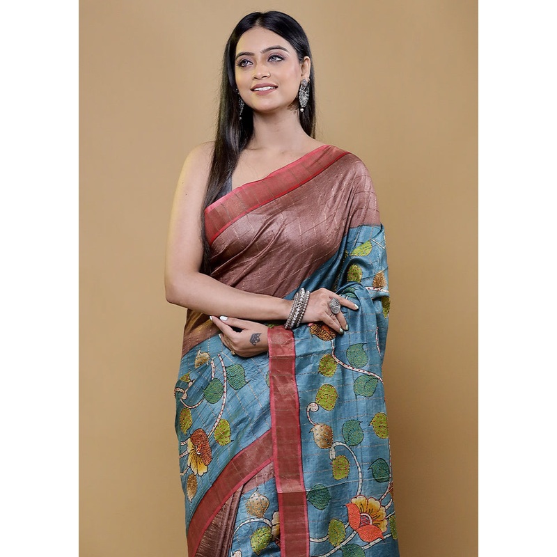 Blue Handloom Tussar Pure Silk Saree With Blouse Piece - JD986611957