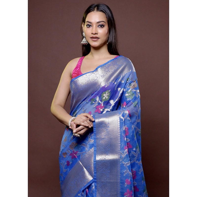 Blue Organza Saree With Blouse Piece - JD986611884