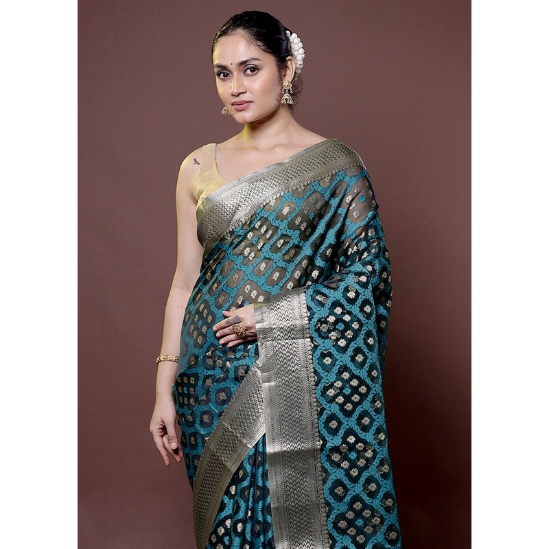 Blue Organza Saree With Blouse Piece - JD986612013
