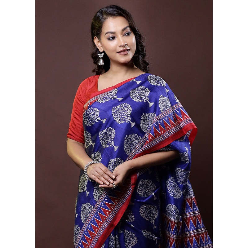 Blue Printed Pure Silk Saree Without Blouse Piece - JD986612044