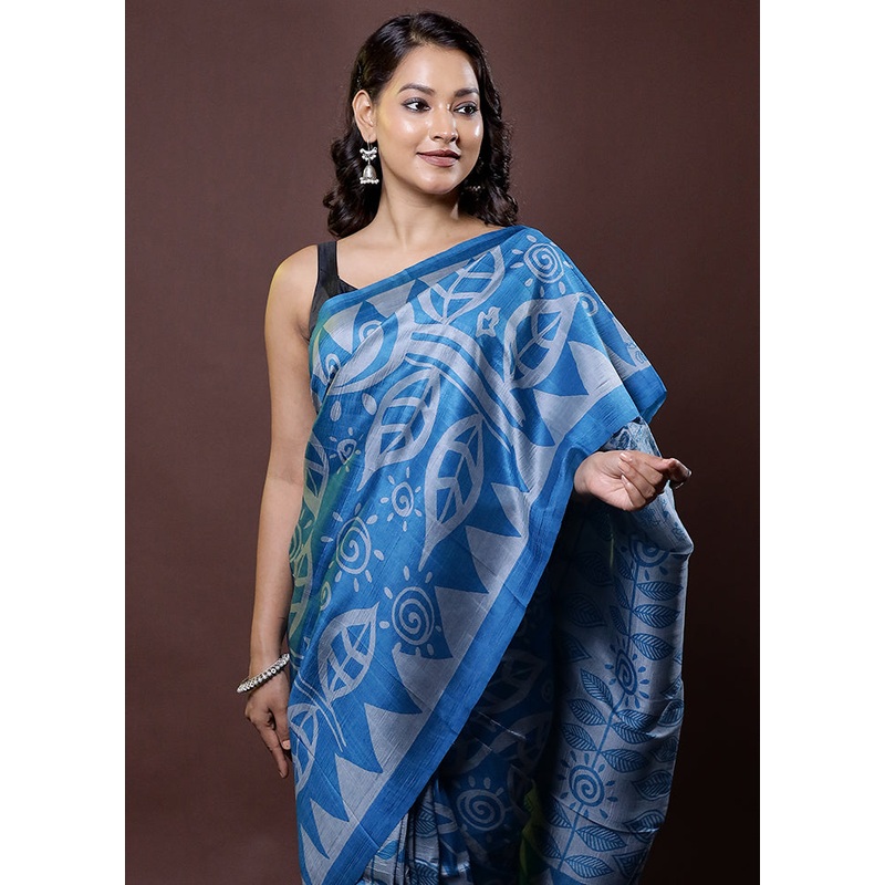 Blue Printed Pure Silk Saree Without Blouse Piece - JD986612045