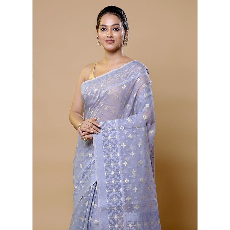 Blue Pure Cotton Saree With Blouse Piece - JD986611988