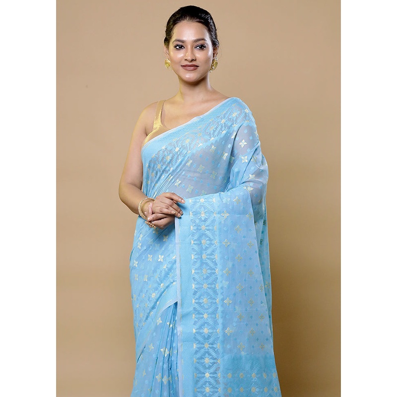 Blue Pure Cotton Saree With Blouse Piece - JD986611989