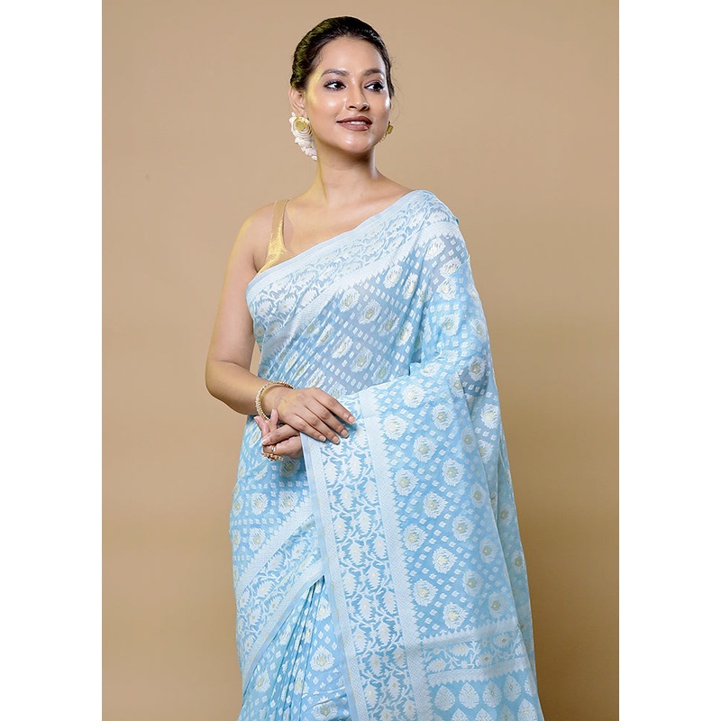 Blue Pure Cotton Saree With Blouse Piece - JD986611990