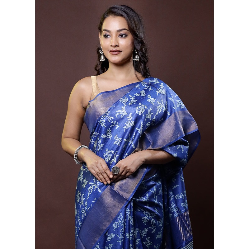 Blue Tussar Silk Saree With Blouse Piece - JD986612043