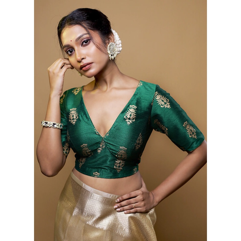 Bottle Green Dupion Silk Designer Blouse - JD986611973