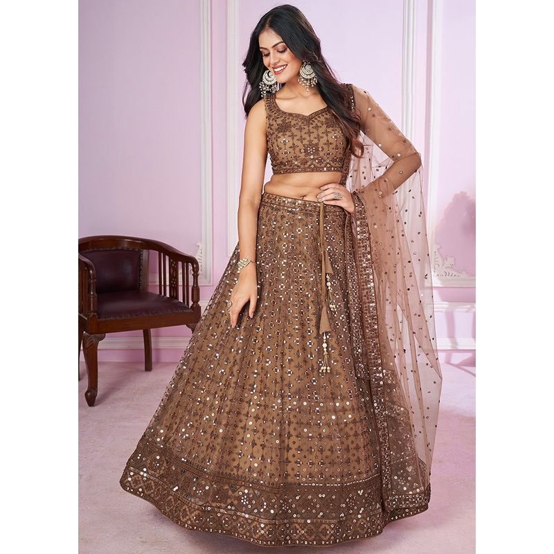 Brown Net Semi Stitched Lehenga Set - JD986611905