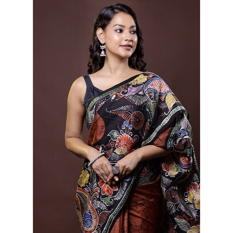 Brown Printed Pure Silk Saree Without Blouse Piece - JD986612042