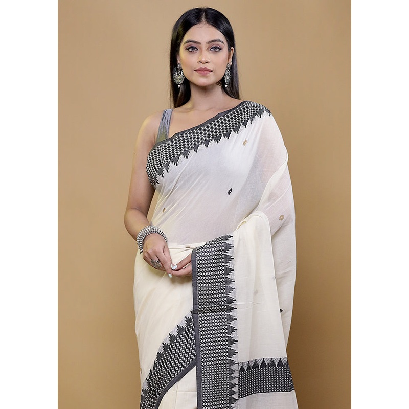 Cream Cotton Saree With Blouse Piece - JD986611952