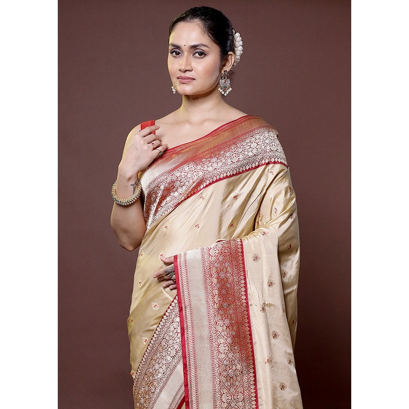 Cream Handloom Katan Pure Silk Saree With Blouse Piece - JD986612011