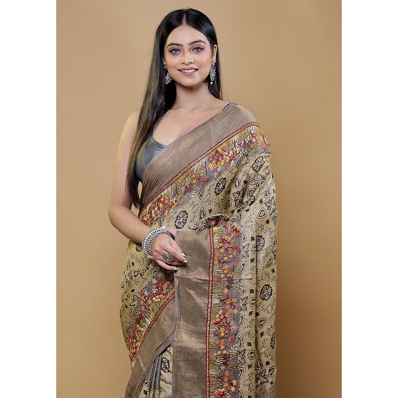 Cream Handloom Tussar Pure Silk Saree With Blouse Piece - JD986611953
