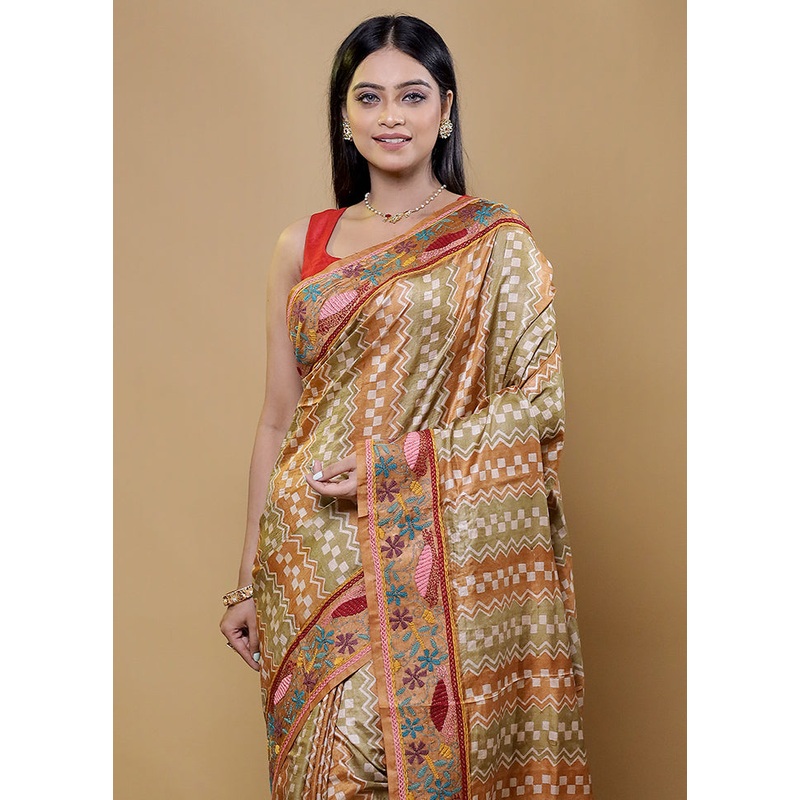Cream Handloom Tussar Pure Silk Saree With Blouse Piece - JD986611954