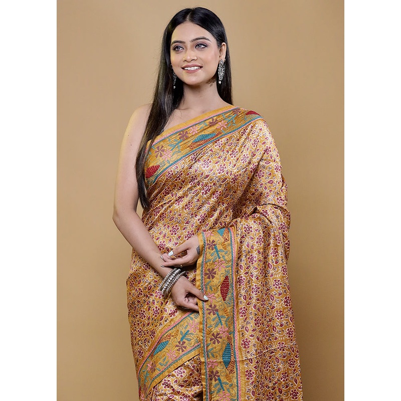 Cream Handloom Tussar Pure Silk Saree With Blouse Piece - JD986611955