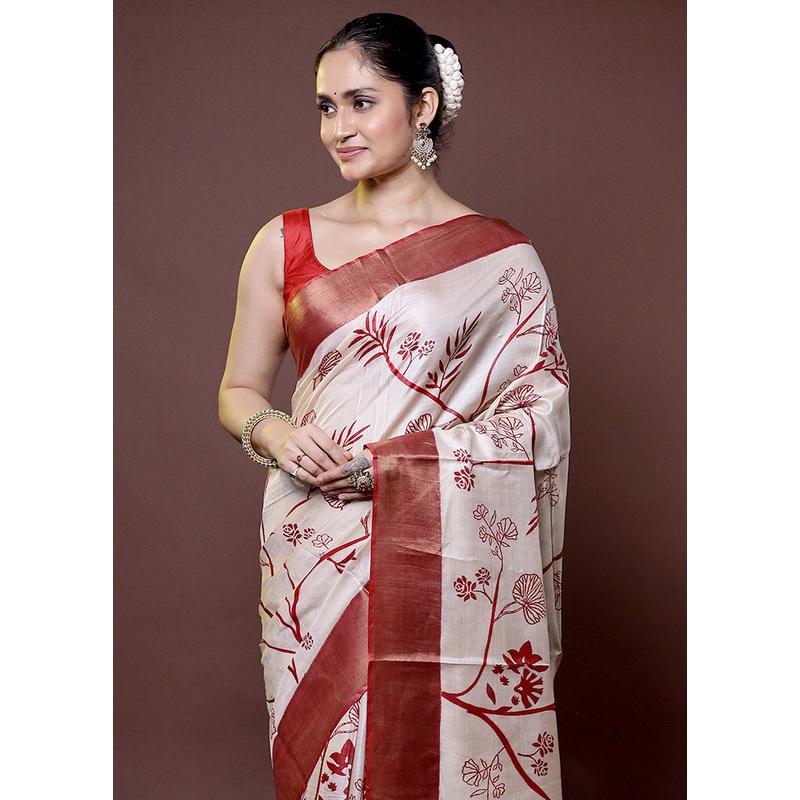 Cream Handloom Tussar Pure Silk Saree With Blouse Piece - JD986612010