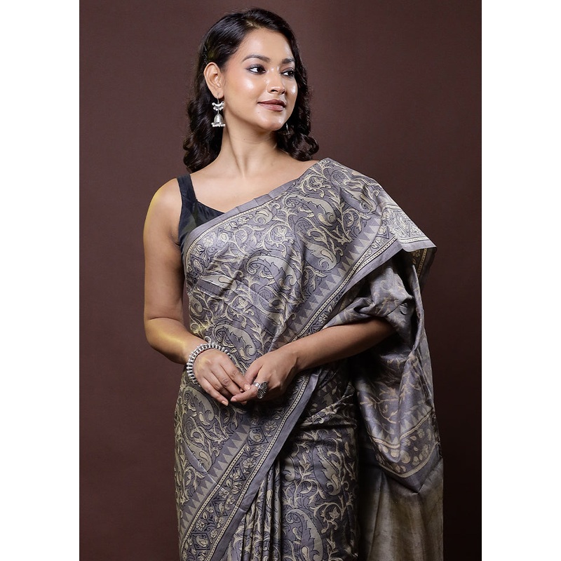 Cream Handloom Tussar Pure Silk Saree With Blouse Piece - JD986612033