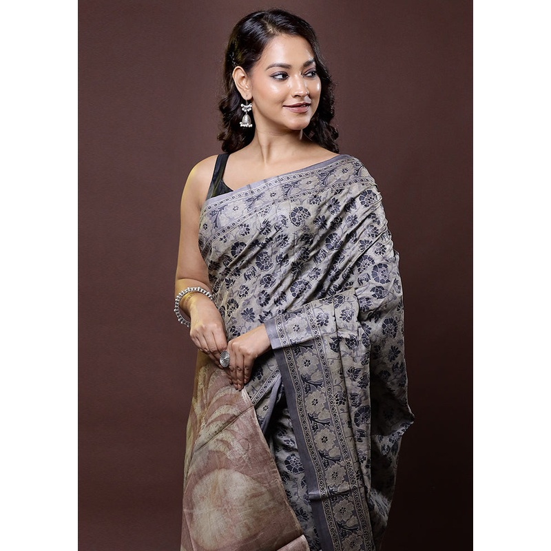 Cream Handloom Tussar Pure Silk Saree With Blouse Piece - JD986612034