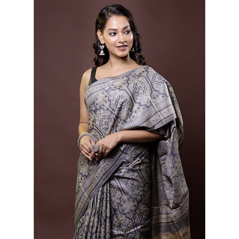 Cream Handloom Tussar Pure Silk Saree With Blouse Piece - JD986612035