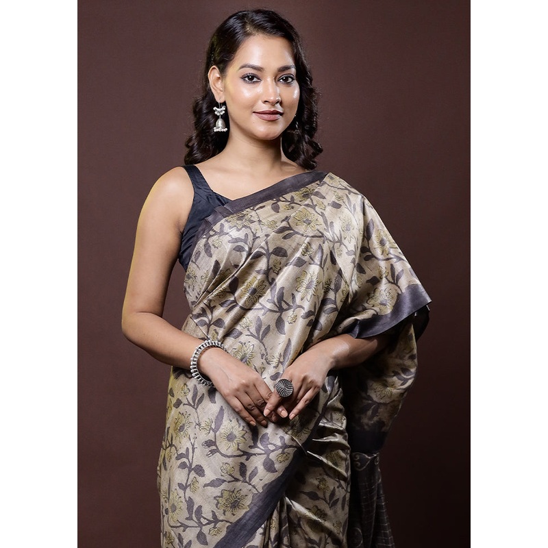 Cream Handloom Tussar Pure Silk Saree With Blouse Piece - JD986612036