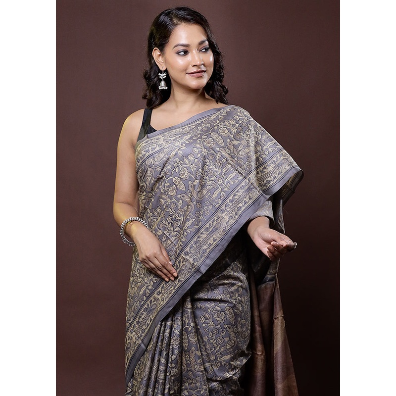 Cream Handloom Tussar Pure Silk Saree With Blouse Piece - JD986612037