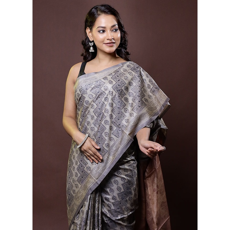 Cream Handloom Tussar Pure Silk Saree With Blouse Piece - JD986612039