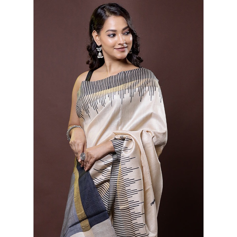 Cream Handloom Tussar Pure Silk Saree With Blouse Piece - JD986612040