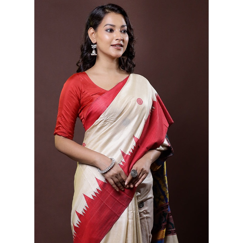 Cream Handloom Tussar Pure Silk Saree With Blouse Piece - JD986612041