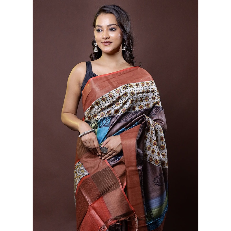 Cream Tussar Silk Saree With Blouse Piece - JD986612032
