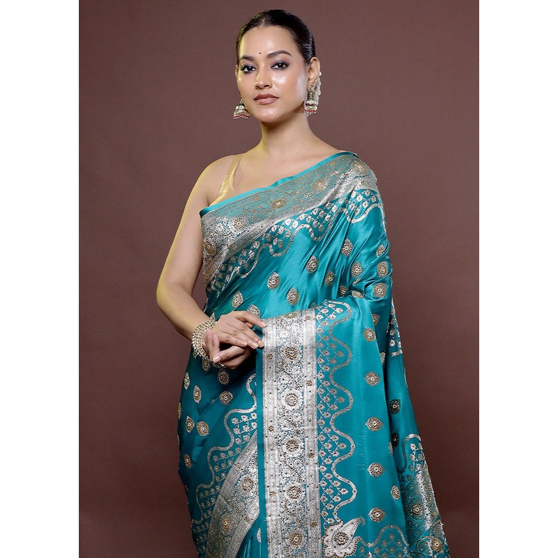 Green Banarasi Silk Saree With Blouse Piece - JD986611881