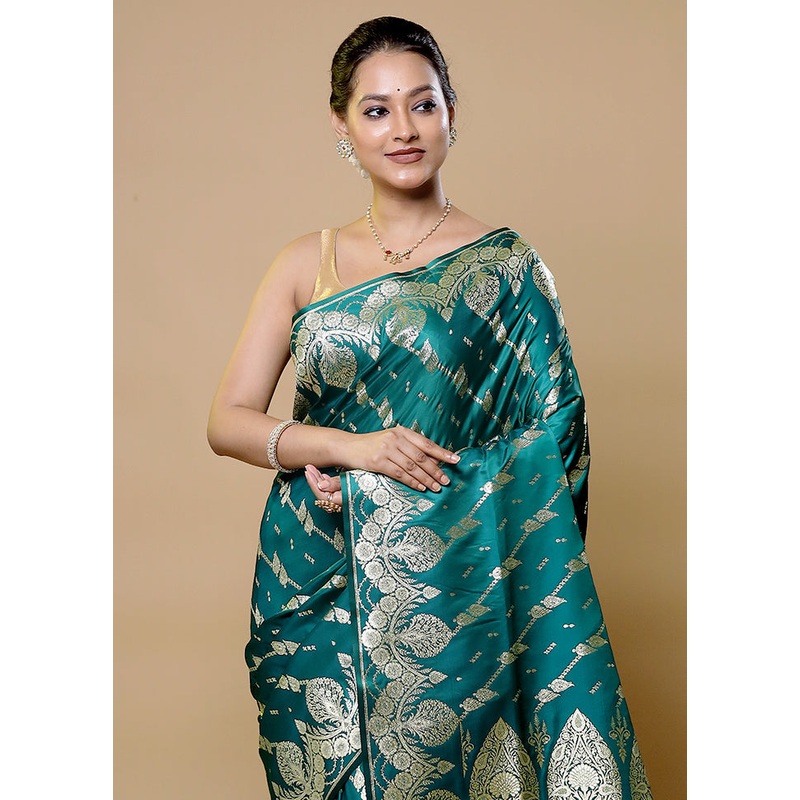 Green Banarasi Silk Saree With Blouse Piece - JD986611987