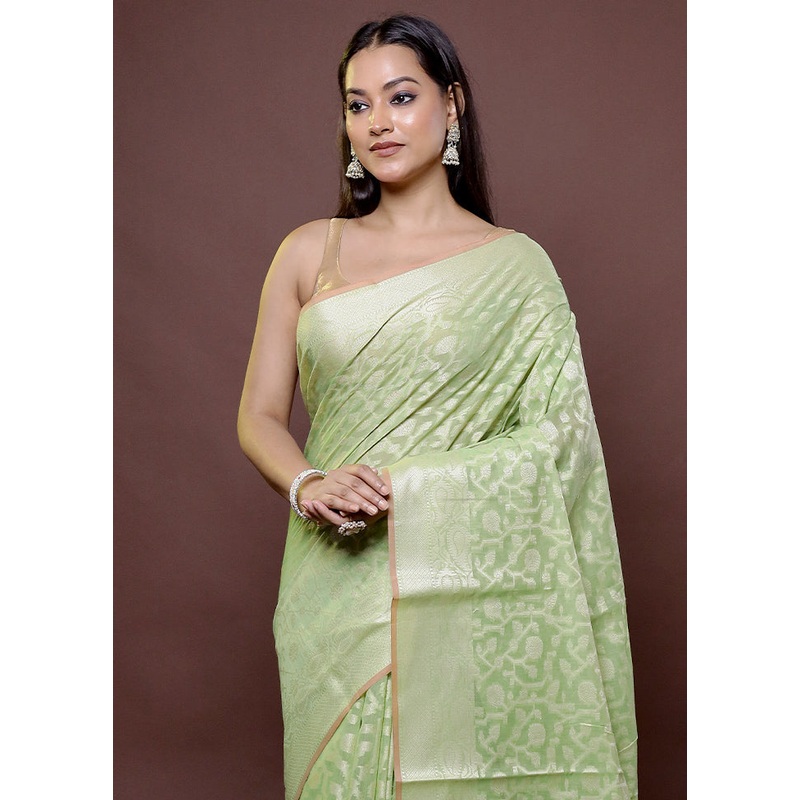 Green Cotton Saree With Blouse Piece - JD986611880