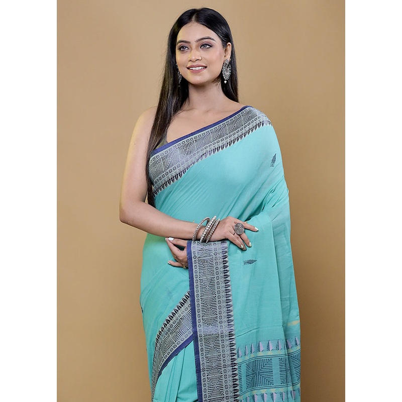 Green Cotton Saree With Blouse Piece - JD986611948
