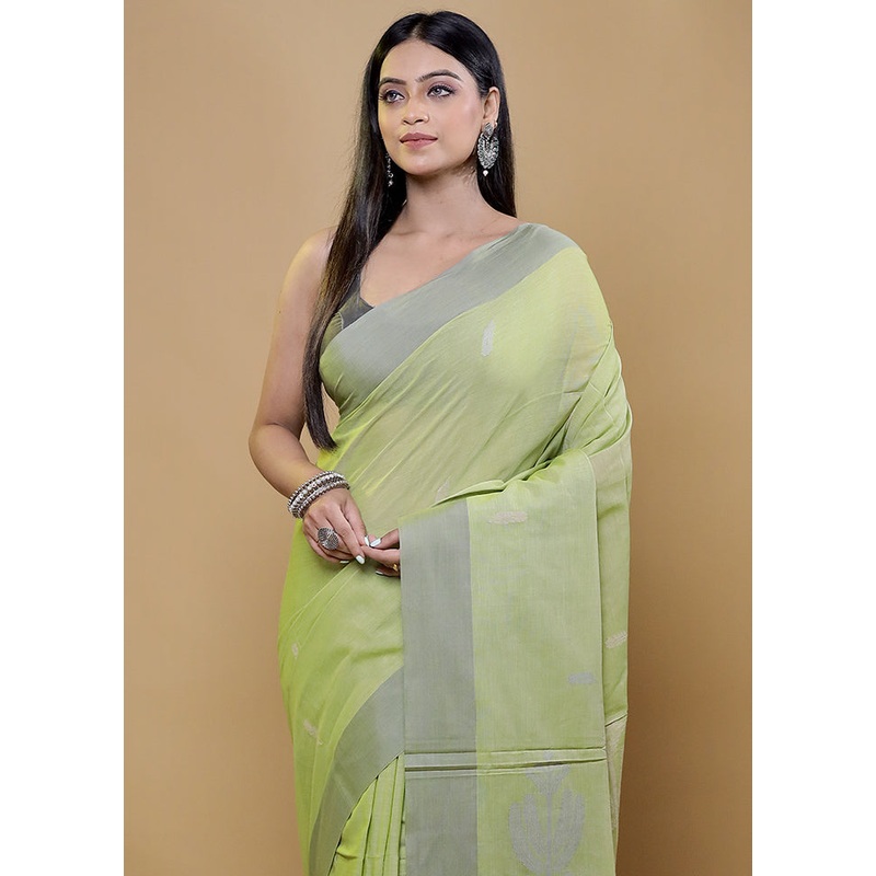 Green Cotton Saree With Blouse Piece - JD986611949