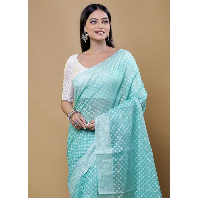 Green Cotton Saree With Blouse Piece - JD986611951