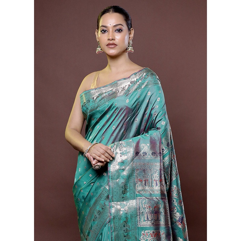 Green Handloom Baluchari Pure Silk Saree With Blouse Piece - JD986611879