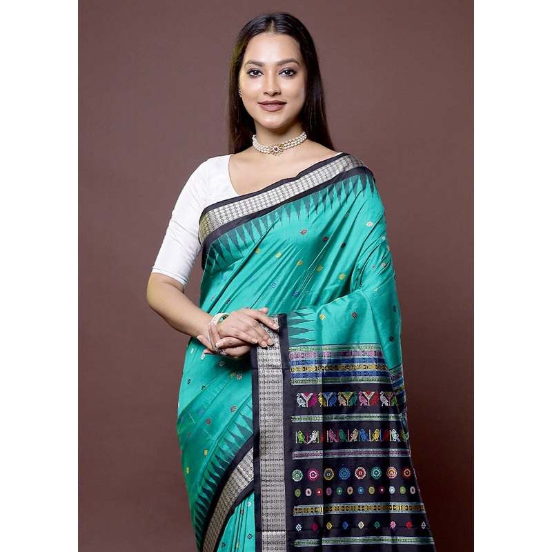 Green Handloom Bomkai Pure Silk Saree With Blouse Piece - JD986611986