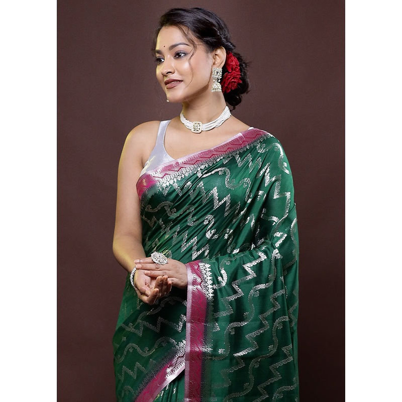 Green Handloom Dupion Pure Silk Saree With Blouse Piece - JD986612028