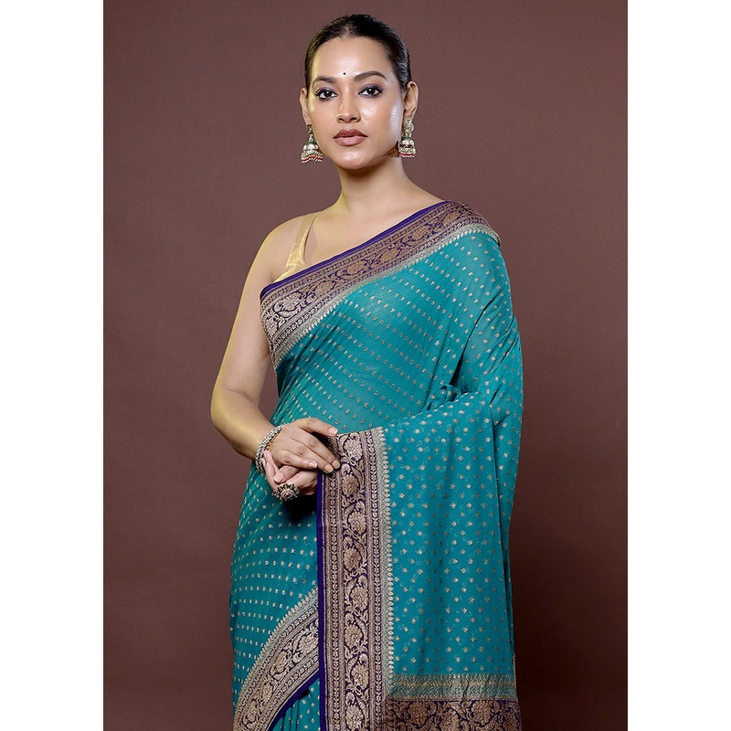 Green Handloom Pure Georgette Saree With Blouse Piece - JD986611877