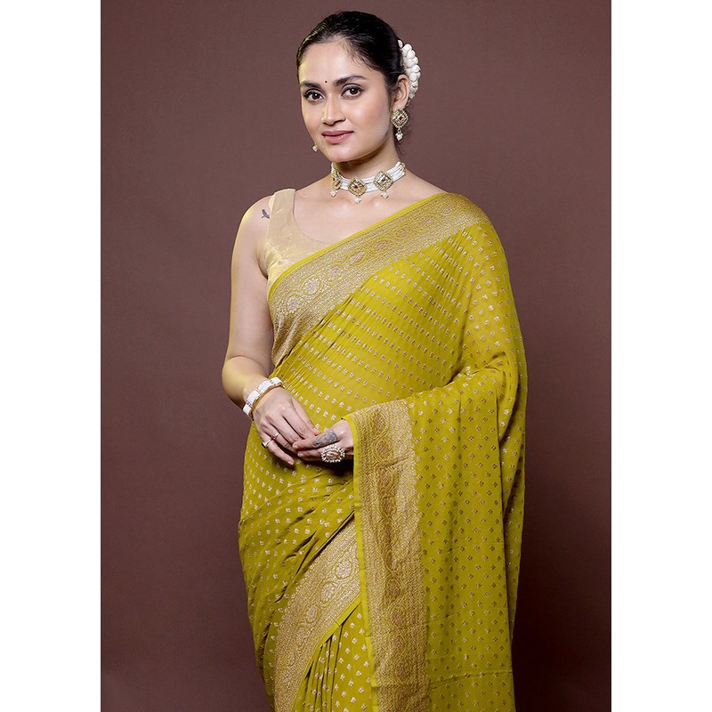 Green Handloom Pure Georgette Saree With Blouse Piece - JD986612009