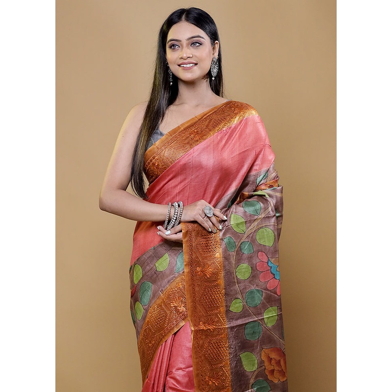 Green Handloom Tussar Pure Silk Saree With Blouse Piece - JD986611937