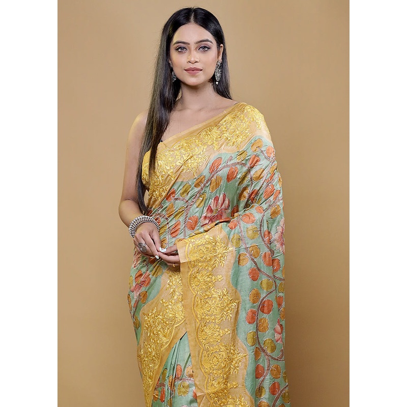 Green Handloom Tussar Pure Silk Saree With Blouse Piece - JD986611950
