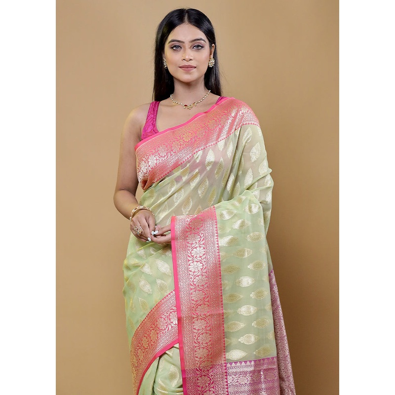 Green Organza Saree With Blouse Piece - JD986611946