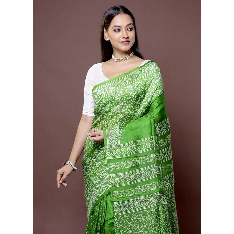 Green Printed Pure Silk Saree Without Blouse Piece - JD986611984