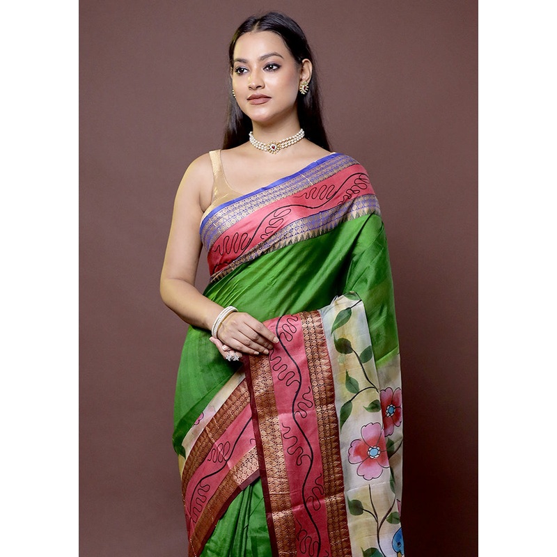 Green Printed Pure Silk Saree Without Blouse Piece - JD986611985