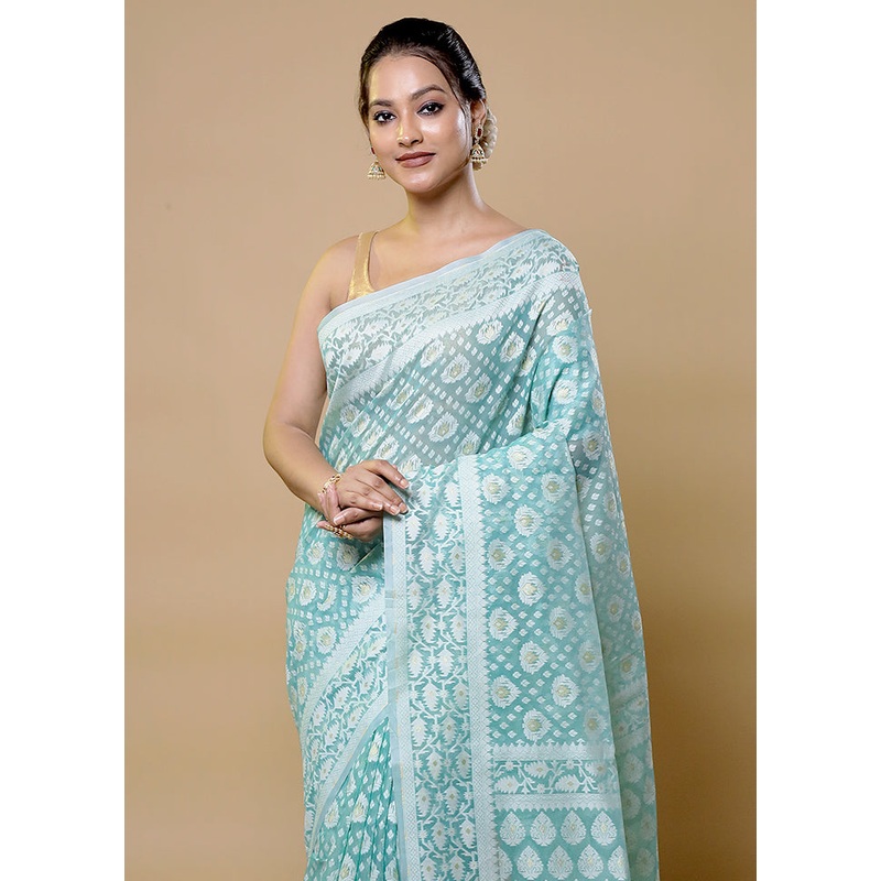 Green Pure Cotton Saree With Blouse Piece - JD986611983