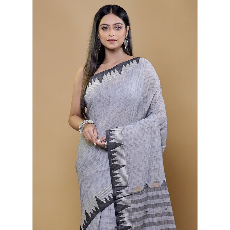 Grey Cotton Saree With Blouse Piece - JD986611941