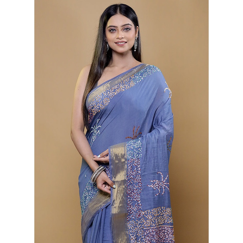 Grey Cotton Saree With Blouse Piece - JD986611942