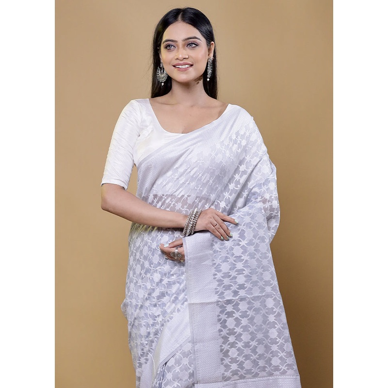 Grey Cotton Saree With Blouse Piece - JD986611943