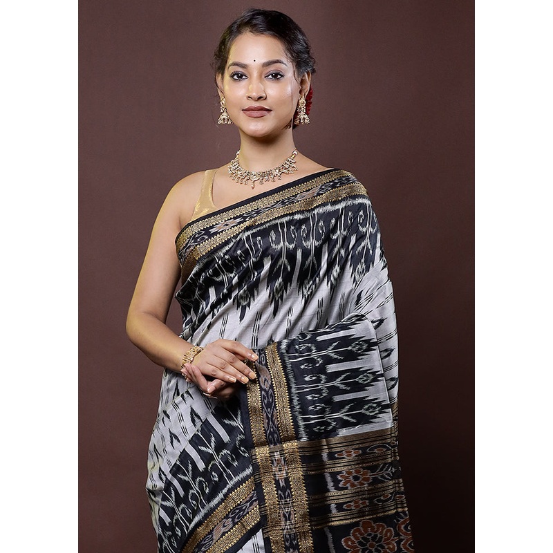 Grey Handloom Patola Pure Silk Saree With Blouse Piece - JD986612027