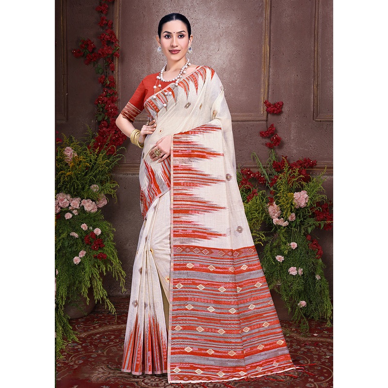 Off White Cotton Saree With Blouse Piece - JD986611916