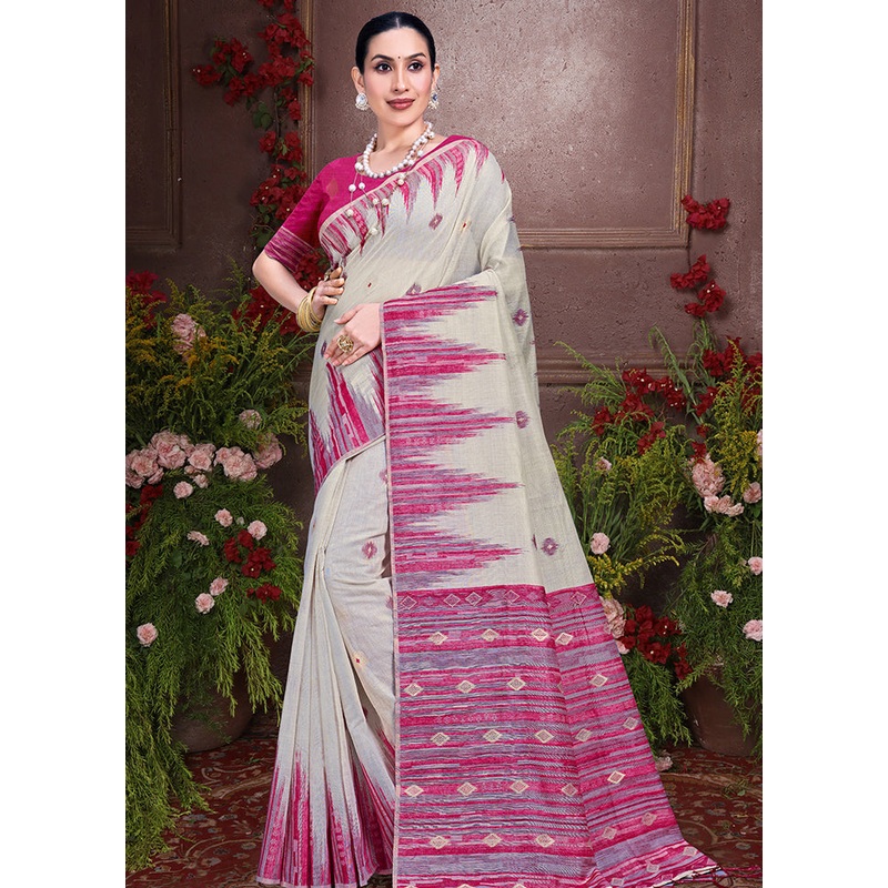 Off White Cotton Saree With Blouse Piece - JD986611917